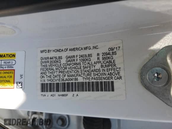 2018 Honda Accord Sport with VIN 1HGCV1E38JA004186, listed as a Copart auction lot 65143325 with 97,272 mi miles and Salvage title. Bid and sale history available at DreamBid. Image 12.