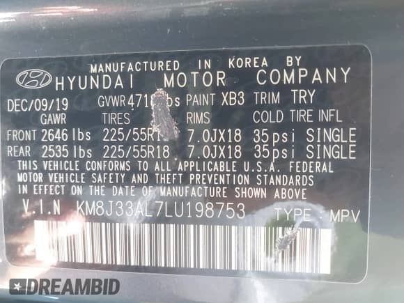 2020 Hyundai Tucson Sport with VIN KM8J33AL7LU198753, listed as a IAAI auction lot 42776845 with 41,696 mi miles and . Bid and sale history available at DreamBid. Image 9.