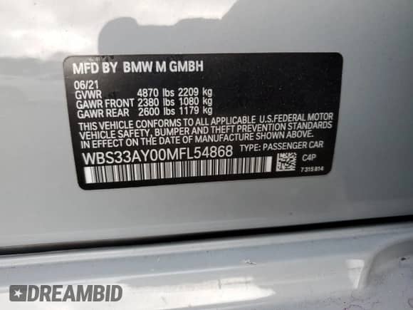 2021 BMW M3 Competition с VIN WBS33AY00MFL54868, выставлен на аукционе Copart как лот 42873945 с пробегом Не указан миль и Списание • Salvage title. История ставок и продаж доступна на DreamBid. Изображение 12.