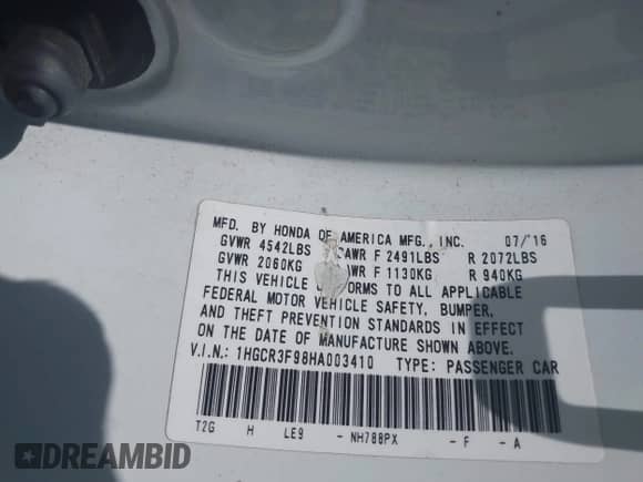 2017 Honda Accord Touring with VIN 1HGCR3F98HA003410, listed as a IAAI auction lot 42534659 with 211,470 mi miles and . Bid and sale history available at DreamBid. Image 9.