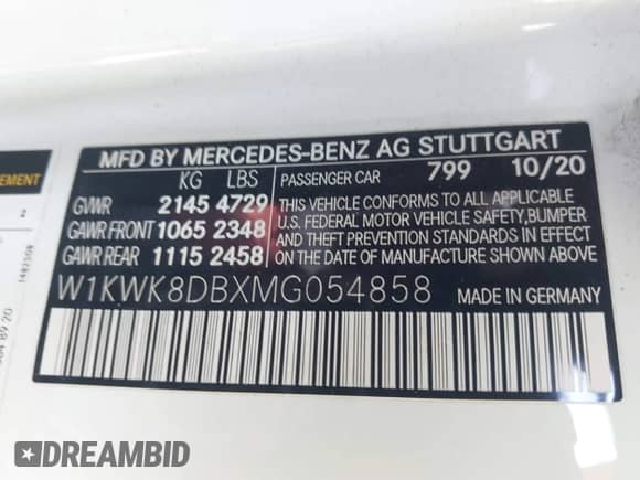 2021 Mercedes-Benz C 300 with VIN W1KWK8DBXMG054858, listed as a IAAI auction lot 43121884 with 36,167 mi miles and . Bid and sale history available at DreamBid. Image 9.