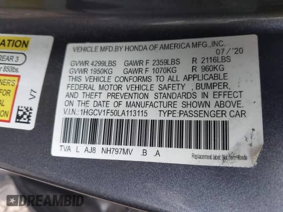 2020 Honda Accord EX-L с VIN 1HGCV1F50LA113115, выставлен на аукционе IAAI как лот 43328218 с пробегом 59 955 миль миль и . История ставок и продаж доступна на DreamBid. Изображение 9.