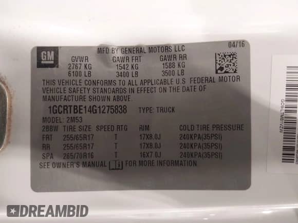 2016 Chevrolet Colorado with VIN 1GCRTBE14G1275838, listed as a IAAI auction lot 43536436 with 168,176 mi miles and . Bid and sale history available at DreamBid. Image 9.