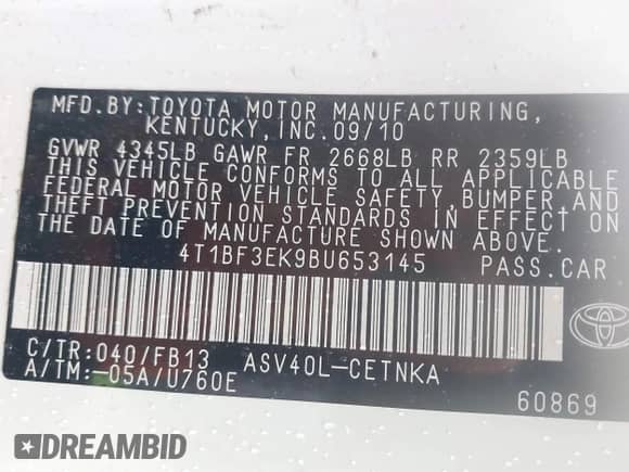 2011 Toyota Camry LE with VIN 4T1BF3EK9BU653145, listed as a IAAI auction lot 43300391 with 324,817 mi miles and . Bid and sale history available at DreamBid. Image 9.