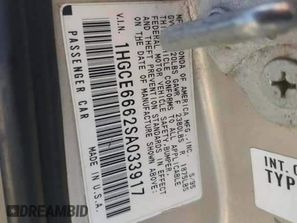 1995 Honda Accord with VIN 1HGCE6662SA033917, listed as a Copart auction lot 55821085 with 280,453 mi miles and Salvage title. Bid and sale history available at DreamBid. Image 12.