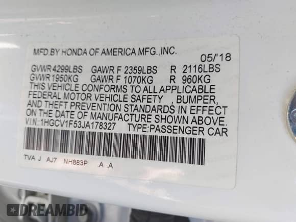 2018 Honda Accord EX-L with VIN 1HGCV1F53JA178327, listed as a IAAI auction lot 43496820 with 166,674 mi miles and . Bid and sale history available at DreamBid. Image 9.