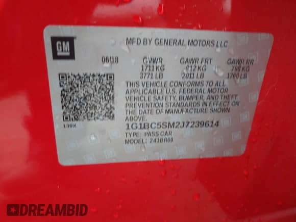 2018 Chevrolet Cruze LS z VIN 1G1BC5SM2J7239614, wystawiony jako IAAI lot #43178427 z przebiegiem 74 101 mil mil oraz . Historia ofert i sprzedaży dostępna na DreamBid. Obrazek 9.