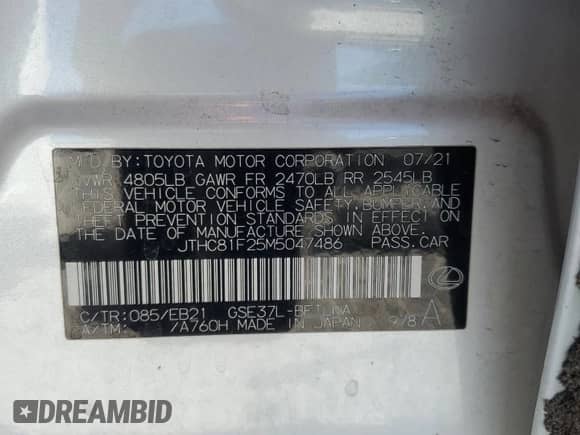 2021 Lexus IS 300 with VIN JTHC81F25M5047486, listed as a Copart auction lot 58201405 with 19,477 mi miles and Salvage title. Bid and sale history available at DreamBid. Image 13.