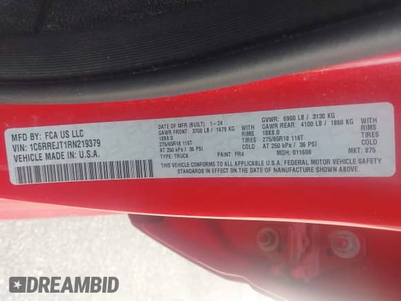 2024 Ram 1500 Laramie with VIN 1C6RREJT1RN219379, listed as a IAAI auction lot 43495052 with 60,616 mi miles and . Bid and sale history available at DreamBid. Image 9.