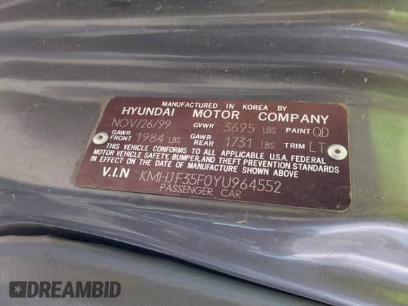 2000 Hyundai Elantra GLS with VIN KMHJF35F0YU964552, listed as a IAAI auction lot 42538956 with 161,558 mi miles and . Bid and sale history available at DreamBid. Image 9.