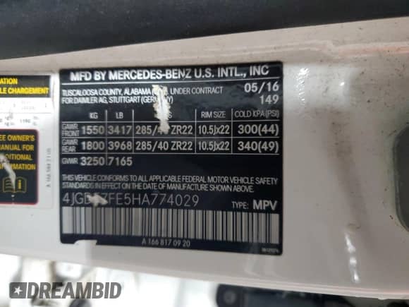 2017 Mercedes-Benz GLS 63 AMG with VIN 4JGDF7FE5HA774029, listed as a Copart auction lot 54489415 with Not provided miles and Clean title. Bid and sale history available at DreamBid. Image 13.