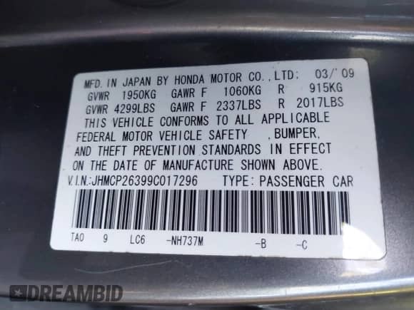 2009 Honda Accord LX z VIN JHMCP26399C017296, wystawiony jako IAAI lot #43456447 z przebiegiem 151 526 mil mil oraz . Historia ofert i sprzedaży dostępna na DreamBid. Obrazek 9.