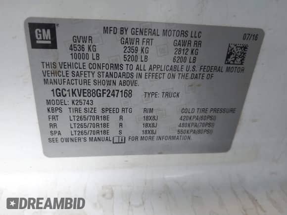 2016 Chevrolet Silverado 2500HD LT z VIN 1GC1KVE88GF247168, wystawiony jako IAAI lot #40907712 z przebiegiem Nie podano mil oraz . Historia ofert i sprzedaży dostępna na DreamBid. Obrazek 9.