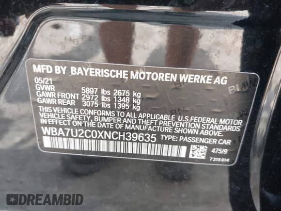 2022 BMW 7 Series 750i xDrive with VIN WBA7U2C0XNCH39635, listed as a IAAI auction lot 42182523 with Not provided miles and . Bid and sale history available at DreamBid. Image 9.