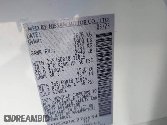 2023 Nissan Pathfinder Rock Creek with VIN 5N1DR3BD2PC270554, listed as a IAAI auction lot 42200457 with 18,249 mi miles and . Bid and sale history available at DreamBid. Image 9.