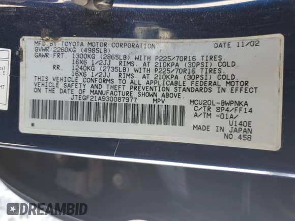 2003 Toyota Highlander с VIN JTEGF21A930087977, выставлен на аукционе Copart как лот 80076235 с пробегом 313 173 миль миль и Списание • Salvage title. История ставок и продаж доступна на DreamBid. Изображение 13.