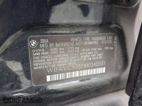 2008 BMW 3 Series 328xi z VIN WBAVC93578K040131, wystawiony jako Copart lot #82344475 z przebiegiem 187 929 mil mil oraz Szkoda całkowita • Salvage title. Historia ofert i sprzedaży dostępna na DreamBid. Obrazek 13.