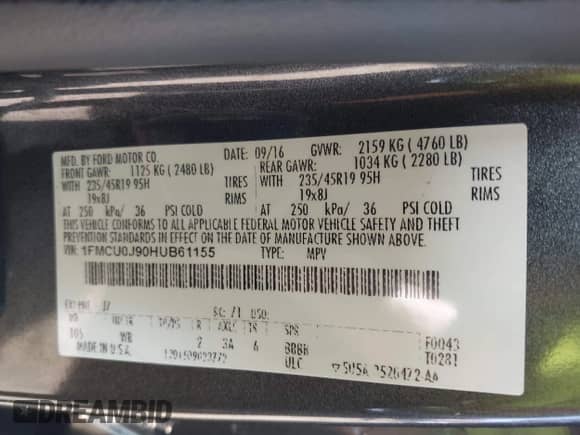 2017 Ford Escape Titanium with VIN 1FMCU0J90HUB61155, listed as a IAAI auction lot 43352339 with 100,918 mi miles and . Bid and sale history available at DreamBid. Image 9.
