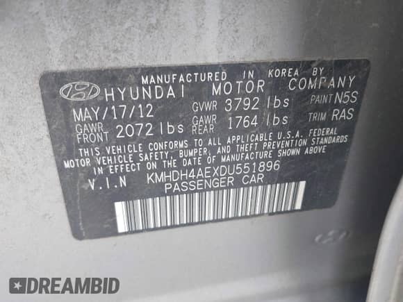 2013 Hyundai Elantra GLS z VIN KMHDH4AEXDU551896, wystawiony jako IAAI lot #42239492 z przebiegiem 261 014 mil mil oraz . Historia ofert i sprzedaży dostępna na DreamBid. Obrazek 9.