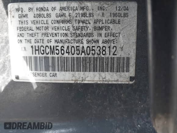 2005 Honda Accord LX z VIN 1HGCM56405A053812, wystawiony jako IAAI lot #42746072 z przebiegiem Nie podano mil oraz . Historia ofert i sprzedaży dostępna na DreamBid. Obrazek 9.