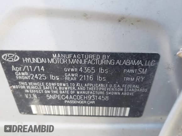 2014 Hyundai Sonata SE with VIN 5NPEC4AC0EH931458, listed as a IAAI auction lot 43497720 with 114,864 mi miles and . Bid and sale history available at DreamBid. Image 9.