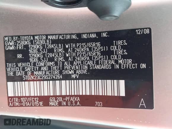 2009 Toyota Sienna LE с VIN 5TDZK23C29S274264, выставлен на аукционе IAAI как лот 42444052 с пробегом 229 039 миль миль и . История ставок и продаж доступна на DreamBid. Изображение 9.