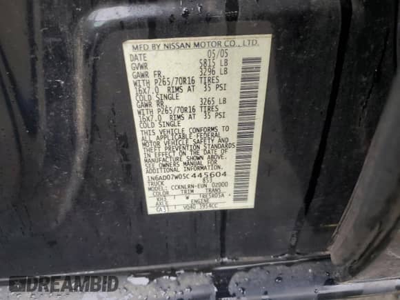 2005 Nissan Frontier LE с VIN 1N6AD07W05C445604, выставлен на аукционе Copart как лот 60499225 с пробегом 206 803 миль миль и Чистый • Clean title. История ставок и продаж доступна на DreamBid. Изображение 12.