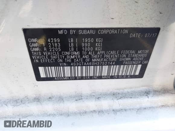 2017 Subaru Impreza с VIN 4S3GTAA60H3752144, выставлен на аукционе IAAI как лот 42472114 с пробегом 78 556 миль миль и . История ставок и продаж доступна на DreamBid. Изображение 9.