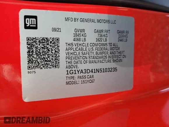 2022 Chevrolet Corvette 1LT с VIN 1G1YA3D41N5103235, выставлен на аукционе Copart как лот 86597434 с пробегом Не указан миль и Списание • Salvage title. История ставок и продаж доступна на DreamBid. Изображение 13.