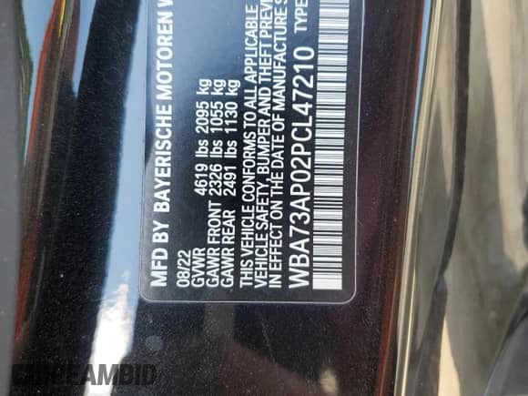 2023 BMW 4 Series 430i xDrive with VIN WBA73AP02PCL47210, listed as a Copart auction lot 72401194 with 27,518 mi miles and Salvage title. Bid and sale history available at DreamBid. Image 12.