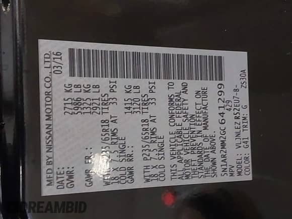 2016 Nissan Pathfinder Platinum with VIN 5N1AR2MM2GC641299, listed as a IAAI auction lot 41613922 with 116,948 mi miles and . Bid and sale history available at DreamBid. Image 9.