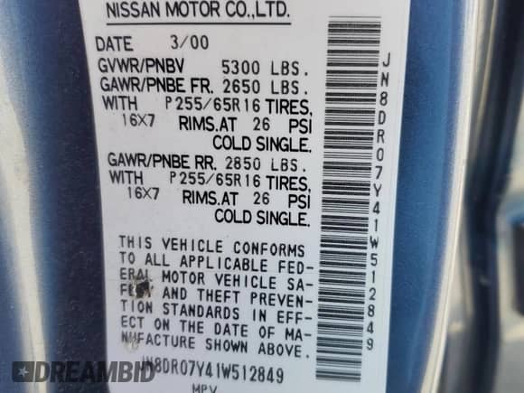 2001 Nissan Pathfinder SE с VIN JN8DR07Y41W512849, выставлен на аукционе Copart как лот 49876835 с пробегом 165 583 миль миль и Списание • Salvage title. История ставок и продаж доступна на DreamBid. Изображение 15.