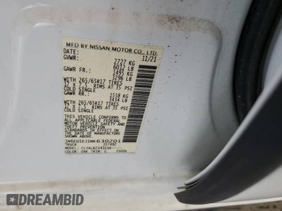 2022 Nissan Frontier S with VIN 1N6ED1EJ1NN630201, listed as a Copart auction lot 70667845 with 61,141 mi miles and Salvage title. Bid and sale history available at DreamBid. Image 12.