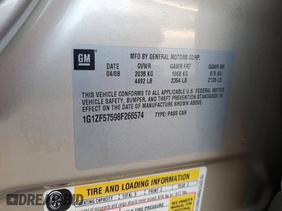 2008 Chevrolet Malibu Hybrid с VIN 1G1ZF57598F266574, выставлен на аукционе Copart как лот 43024455 с пробегом 56 431 миль миль и Списание • Salvage title. История ставок и продаж доступна на DreamBid. Изображение 14.