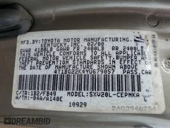 2000 Toyota Camry CE z VIN 4T1BG22K4YU679057, wystawiony jako Copart lot #71226165 z przebiegiem 227 611 mil mil oraz Szkoda całkowita • Salvage title. Historia ofert i sprzedaży dostępna na DreamBid. Obrazek 12.