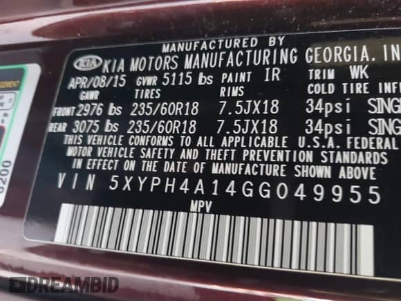 2016 Kia Sorento EX with VIN 5XYPH4A14GG049955, listed as a IAAI auction lot 42899987 with 129,600 mi miles and . Bid and sale history available at DreamBid. Image 9.