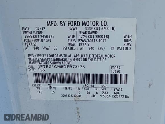 2013 Ford F-150 XLT with VIN 1FTEX1CM8DFB73175, listed as a IAAI auction lot 43318874 with 181,626 mi miles and . Bid and sale history available at DreamBid. Image 9.