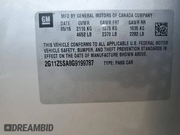 2016 Chevrolet Impala LS с VIN 2G11Z5SA8G9199787, выставлен на аукционе Copart как лот 69463705 с пробегом 77 954 миль миль и Списание • Salvage title. История ставок и продаж доступна на DreamBid. Изображение 12.