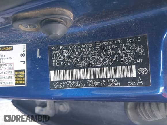 2010 Toyota Prius III with VIN JTDKN3DU7A0202344, listed as a IAAI auction lot 43320403 with 205,568 mi miles and . Bid and sale history available at DreamBid. Image 9.