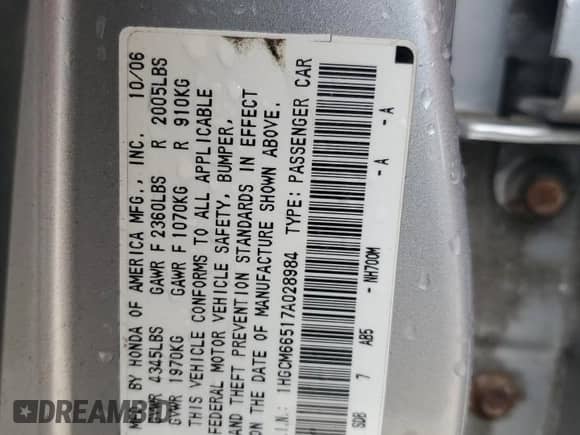 2007 Honda Accord EX-L with VIN 1HGCM66517A028984, listed as a Copart auction lot 71819035 with 167,782 mi miles and Salvage title. Bid and sale history available at DreamBid. Image 12.