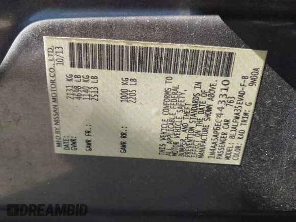 2014 Nissan Maxima SV with VIN 1N4AA5AP6EC443310, listed as a IAAI auction lot 42373390 with 146,828 mi miles and . Bid and sale history available at DreamBid. Image 9.