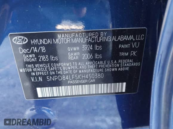 2019 Hyundai Elantra SEL z VIN 5NPD84LF5KH450380, wystawiony jako IAAI lot #43517320 z przebiegiem 315 231 mil mil oraz . Historia ofert i sprzedaży dostępna na DreamBid. Obrazek 9.