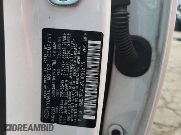 2022 Hyundai Tucson Limited с VIN KM8JECA18NU031815, выставлен на аукционе Copart как лот 70513675 с пробегом Не указан миль и Списание • Salvage title. История ставок и продаж доступна на DreamBid. Изображение 13.