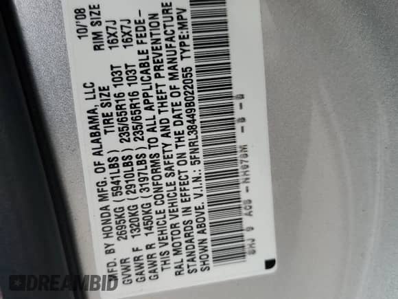 2009 Honda Odyssey EX z VIN 5FNRL38449B022055, wystawiony jako Copart lot #83820015 z przebiegiem Nie podano mil oraz Szkoda całkowita • Salvage title. Historia ofert i sprzedaży dostępna na DreamBid. Obrazek 13.