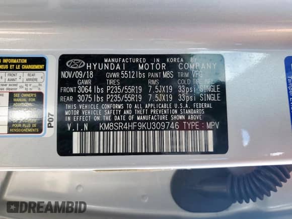 2019 Hyundai Santa Fe Limited Ultimate с VIN KM8SR4HF9KU309746, выставлен на аукционе Copart как лот 62570565 с пробегом 56 539 миль миль и Списание • Salvage title. История ставок и продаж доступна на DreamBid. Изображение 13.