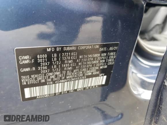 2021 Subaru Ascent Limited with VIN 4S4WMAPD2M3453369, listed as a Copart auction lot 69206325 with 68,779 mi miles and Salvage title. Bid and sale history available at DreamBid. Image 13.
