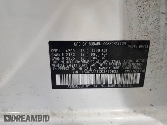 2019 Subaru Impreza с VIN 4S3GTAA6XK3760632, выставлен на аукционе Copart как лот 68717945 с пробегом Не указан миль и Списание • Salvage title. История ставок и продаж доступна на DreamBid. Изображение 12.