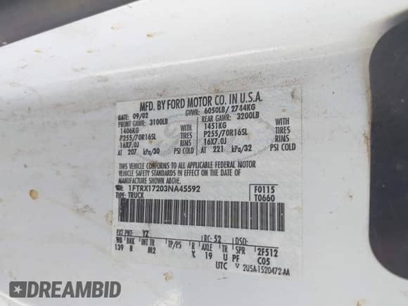 2003 Ford F-150 XL with VIN 1FTRX17203NA45592, listed as a IAAI auction lot 42952991 with Not provided miles and . Bid and sale history available at DreamBid. Image 9.