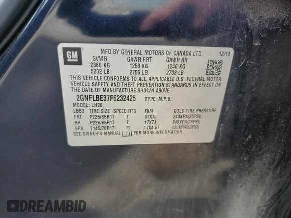 2015 Chevrolet Equinox LT с VIN 2GNFLBE37F6232425, выставлен на аукционе Copart как лот 58525395 с пробегом 168 732 миль миль и Списание • Salvage title. История ставок и продаж доступна на DreamBid. Изображение 13.