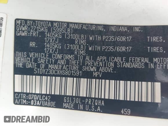 2017 Toyota Sienna XLE Auto Access Seat с VIN 5TDYZ3DCXHS801591, выставлен на аукционе IAAI как лот 42724706 с пробегом 197 582 миль миль и . История ставок и продаж доступна на DreamBid. Изображение 9.